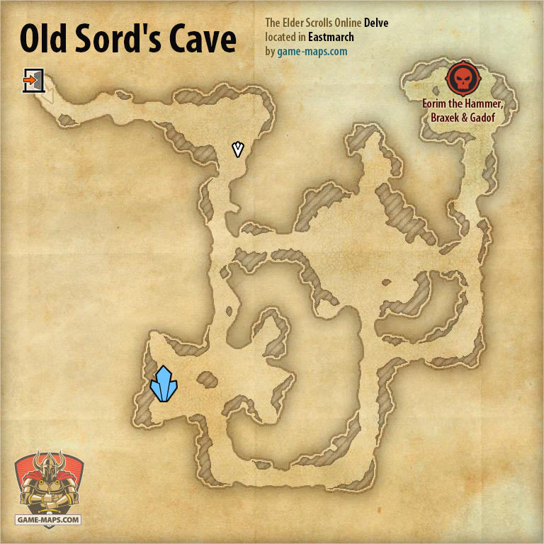 ESO Old Sord's Cave Delve Map with Skyshard and Boss location in Eastmarch