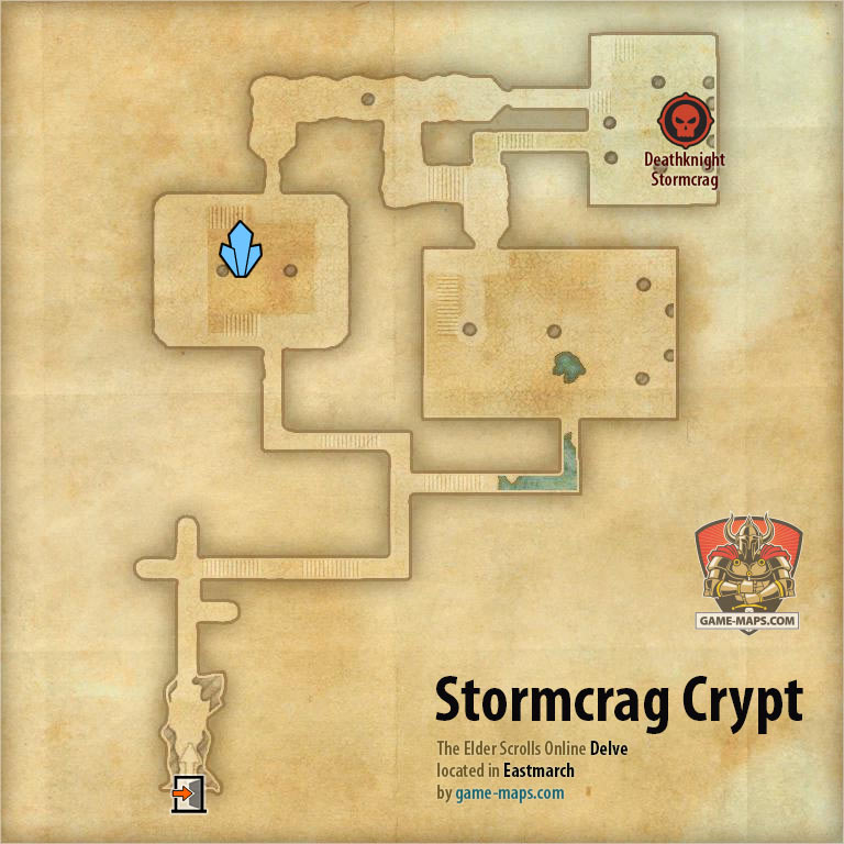 ESO Stormcrag Crypt Delve Map with Skyshard and Boss location in Eastmarch