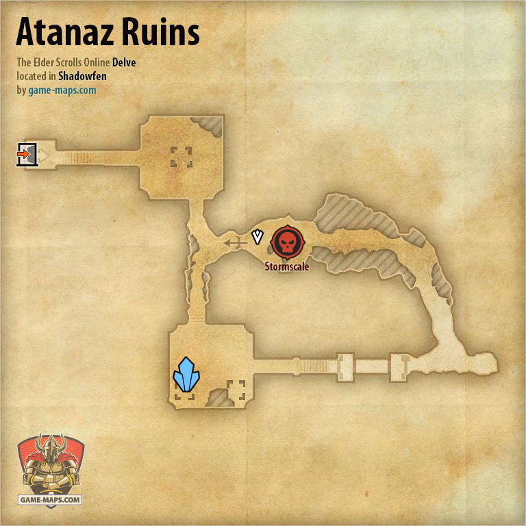 ESO Atanaz Ruins Delve Map with Skyshard and Boss location in Shadowfen
