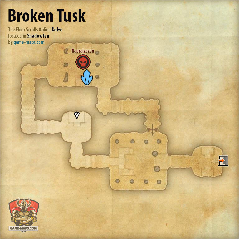 ESO Broken Tusk Delve Map with Skyshard and Boss location in Shadowfen