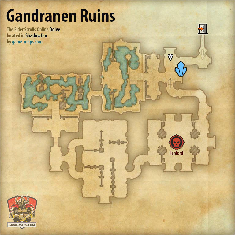 ESO Gandranen Ruins Delve Map with Skyshard and Boss location in Shadowfen