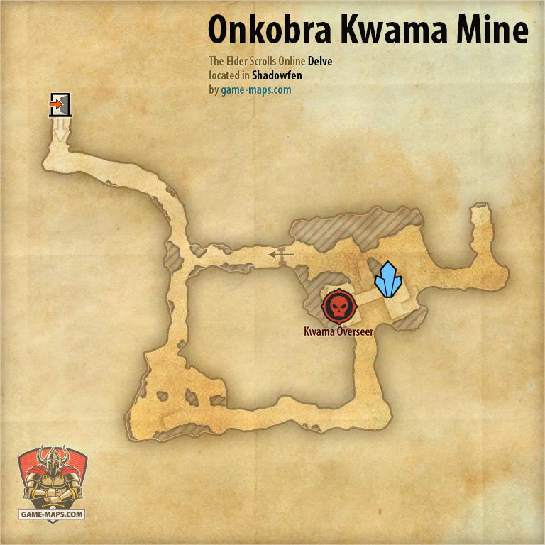 ESO Onkobra Kwama Mine Delve Map with Skyshard and Boss location in Shadowfen
