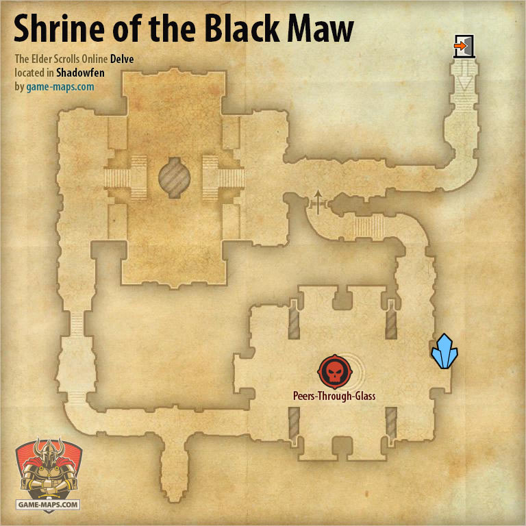 ESO Shrine of the Black Maw Delve Map with Skyshard and Boss location in Shadowfen