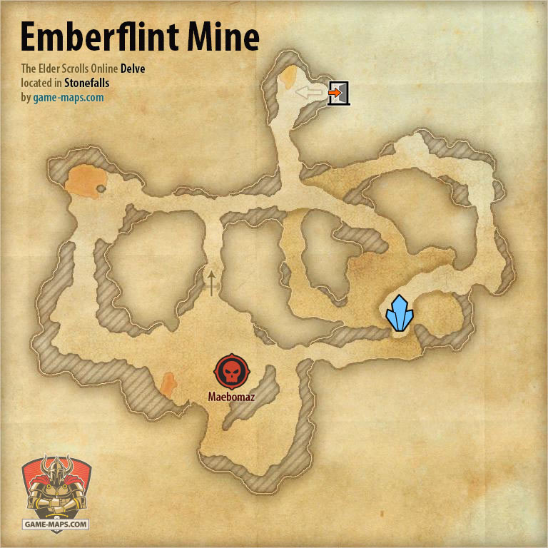 ESO Emberflint Mine Delve Map with Skyshard and Boss location in Stonefalls