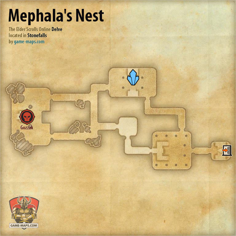 ESO Mephala's Nest Delve Map with Skyshard and Boss location in Stonefalls