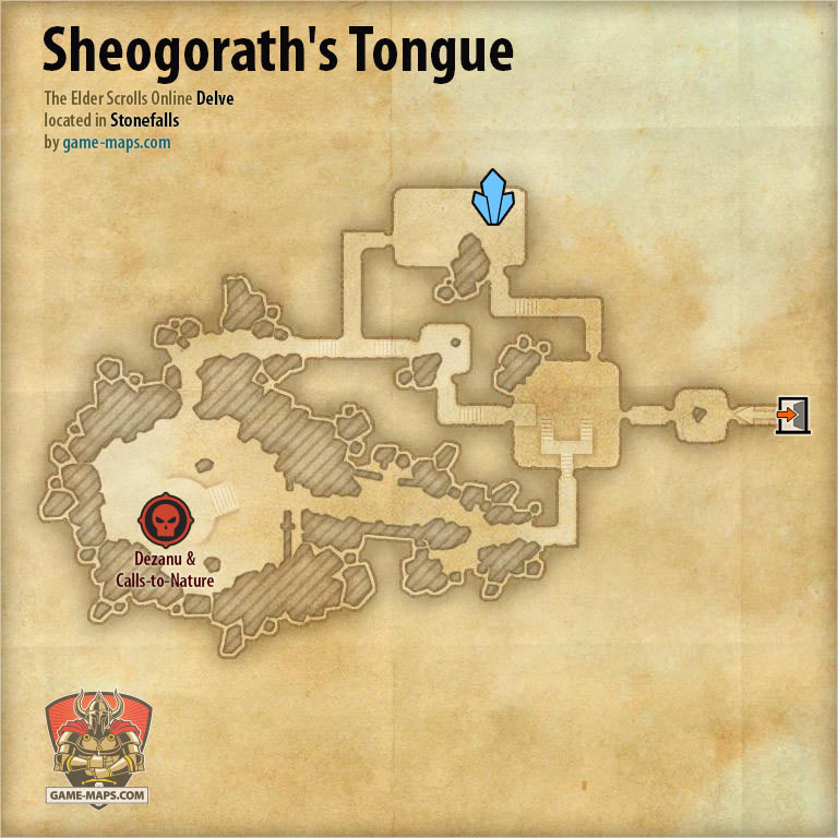 ESO Sheogorath's Tongue Delve Map with Skyshard and Boss location in Stonefalls