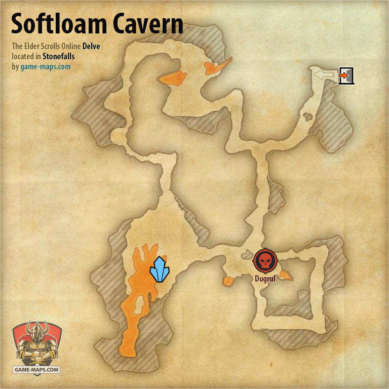 ESO Softloam Cavern Delve Map with Skyshard and Boss location in Stonefalls