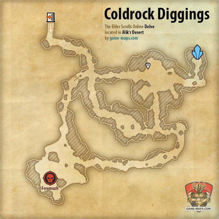 ESO Coldrock Diggings Delve Map with Skyshard and Boss location in Alik'r Desert
