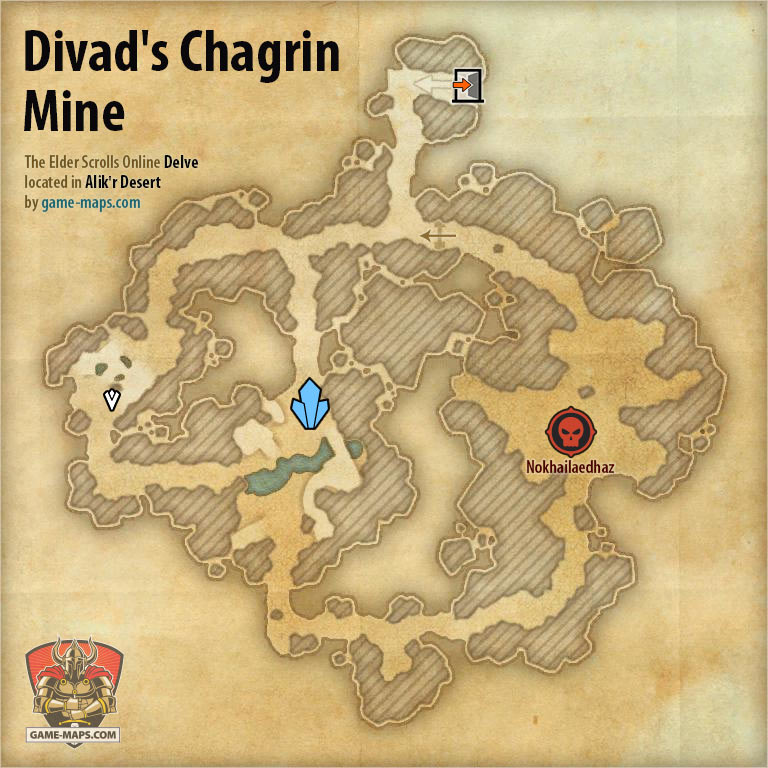 ESO Divad's Chagrin Mine Delve Map with Skyshard and Boss location in Alik'r Desert