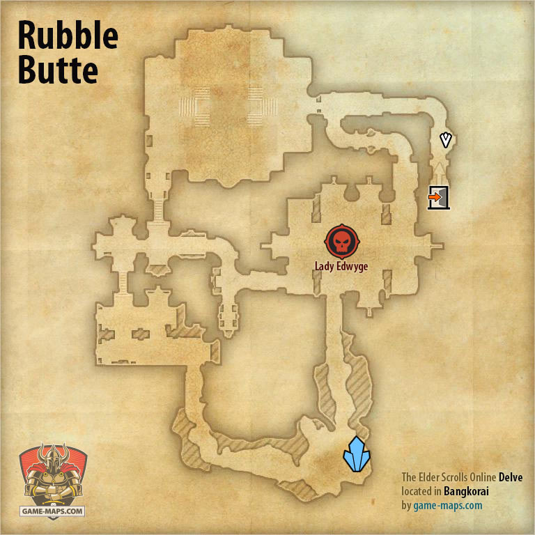 ESO Rubble Butte Delve Map with Skyshard and Boss location in Bangkorai