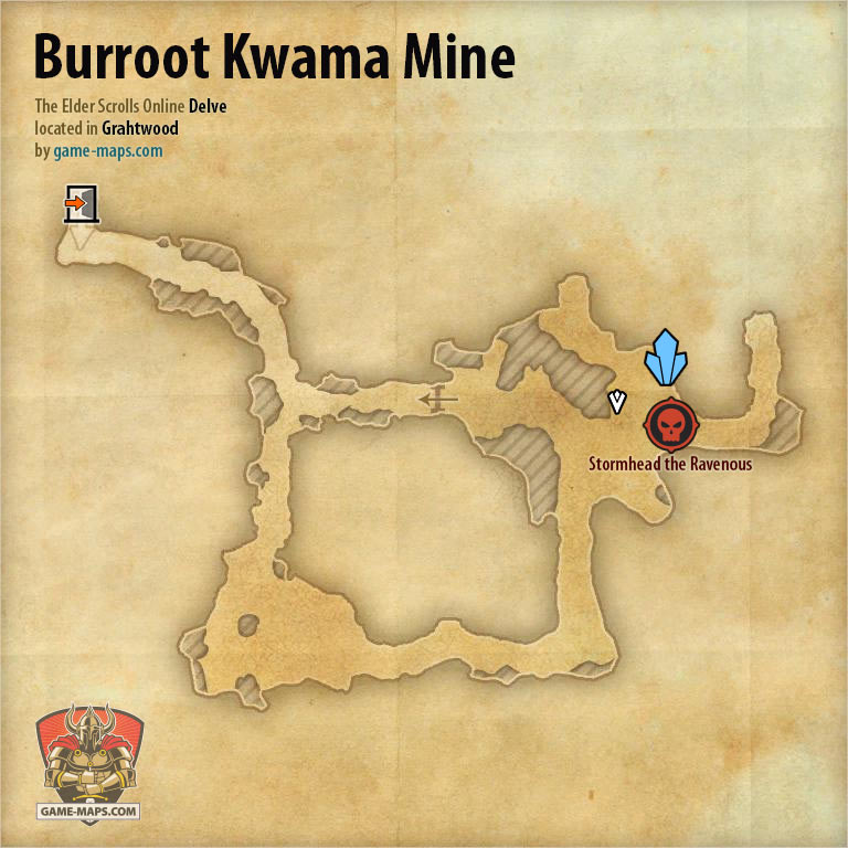 ESO Burroot Kwama Mine Delve Map with Skyshard and Boss location in Grahtwood