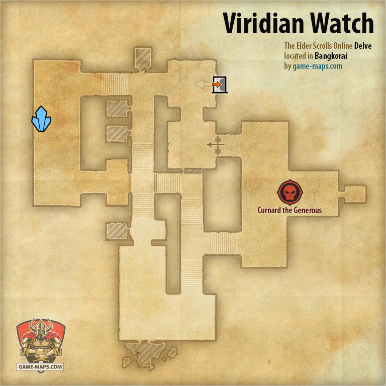 ESO Viridian Watch Delve Map with Skyshard and Boss location in Bangkorai