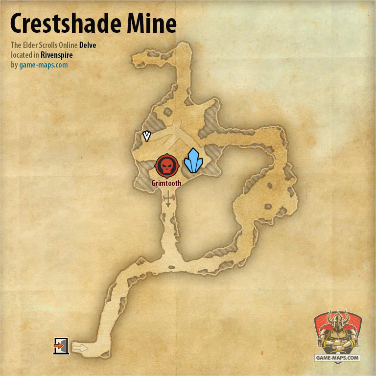 ESO Crestshade Mine Delve Map with Skyshard and Boss location in Rivenspire
