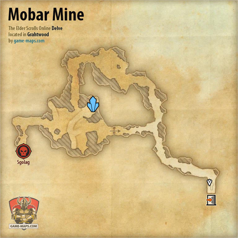 ESO Mobar Mine Delve Map with Skyshard and Boss location in Grahtwood
