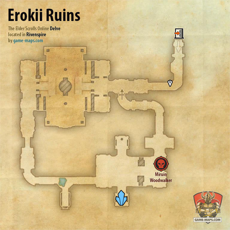 ESO Erokii Ruins Delve Map with Skyshard and Boss location in Rivenspire