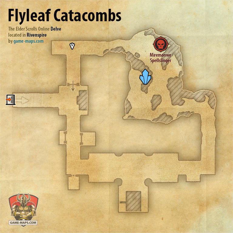 ESO Flyleaf Catacombs Delve Map with Skyshard and Boss location in Rivenspire