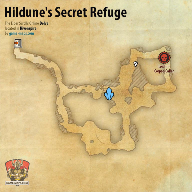 ESO Hildune's Secret Refuge Delve Map with Skyshard and Boss location in Rivenspire