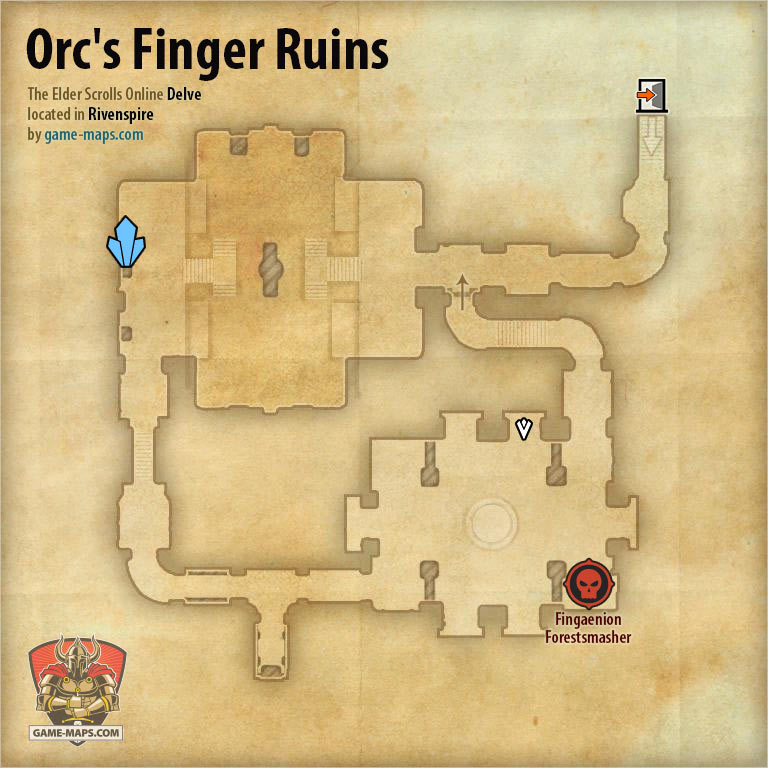 ESO Orc's Finger Ruins Delve Map with Skyshard and Boss location in Rivenspire