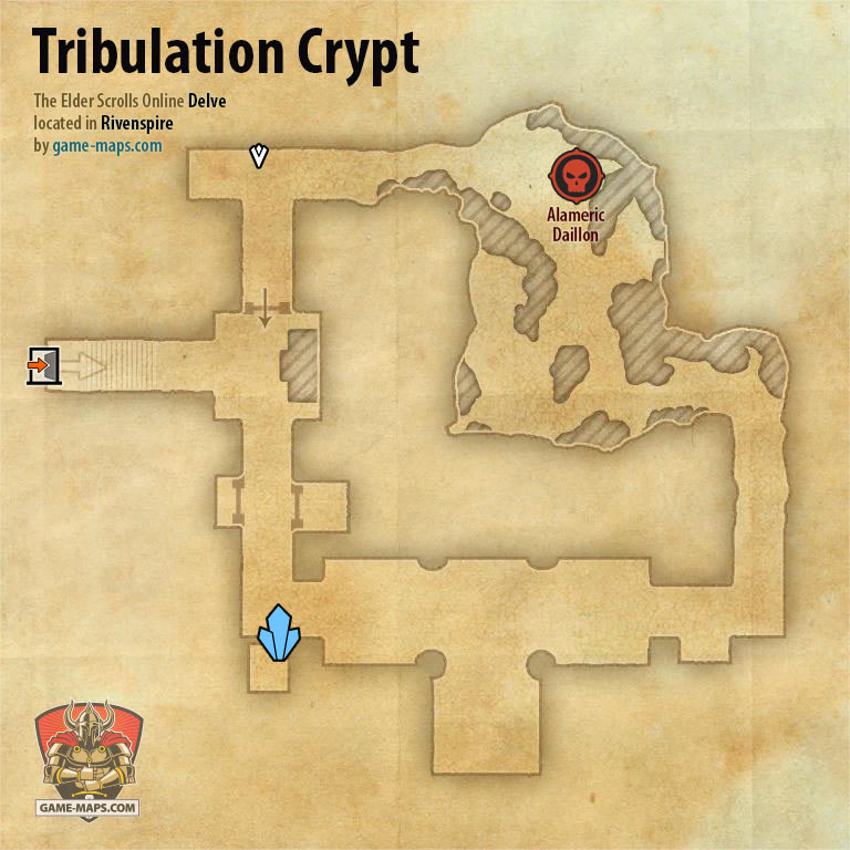 ESO Tribulation Crypt Delve Map with Skyshard and Boss location in Rivenspire