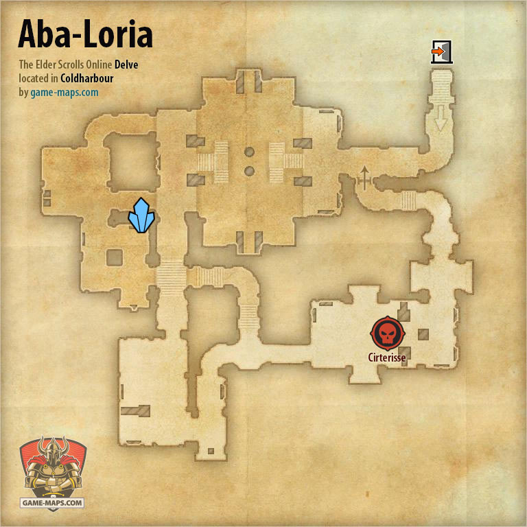 ESO Aba-Loria Delve Map with Skyshard and Boss location in Coldharbour
