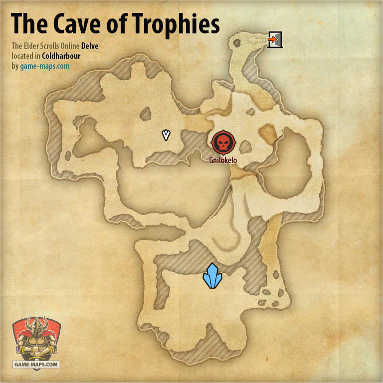 ESO The Cave of Trophies Delve Map with Skyshard and Boss location in Coldharbour
