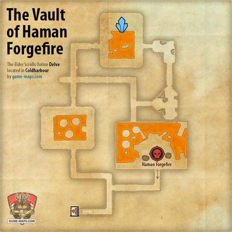 ESO The Vault of Haman Forgefire Delve Map with Skyshard and Boss location in Coldharbour