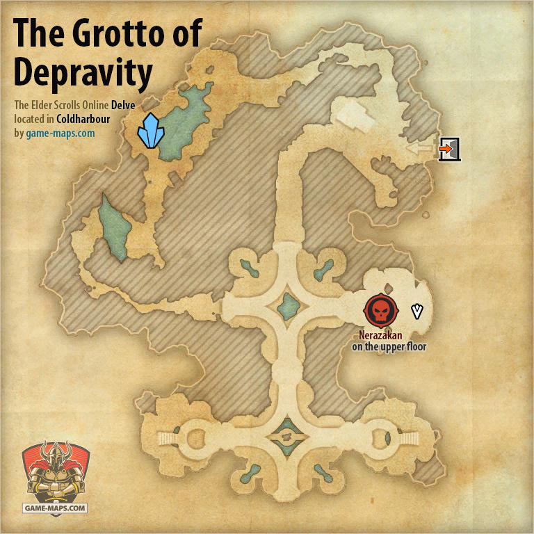 ESO The Grotto of Depravity Delve Map with Skyshard and Boss location in Coldharbour