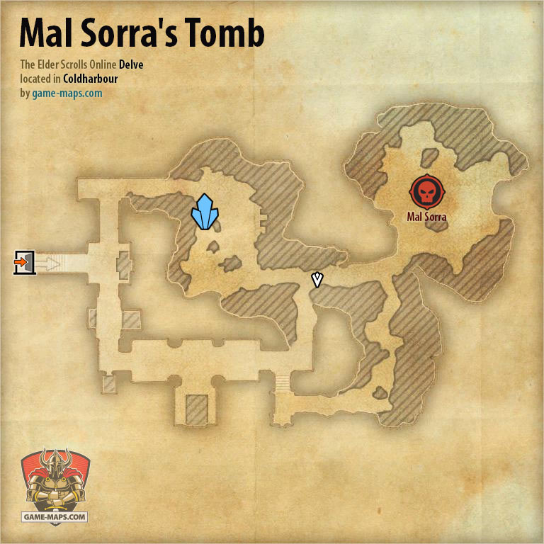 ESO Mal Sorra's Tomb Delve Map with Skyshard and Boss location in Coldharbour