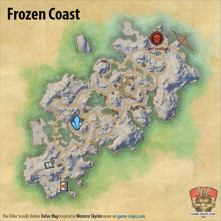 ESO Frozen Coast Delve Map with Skyshard and Boss location in Western Skyrim