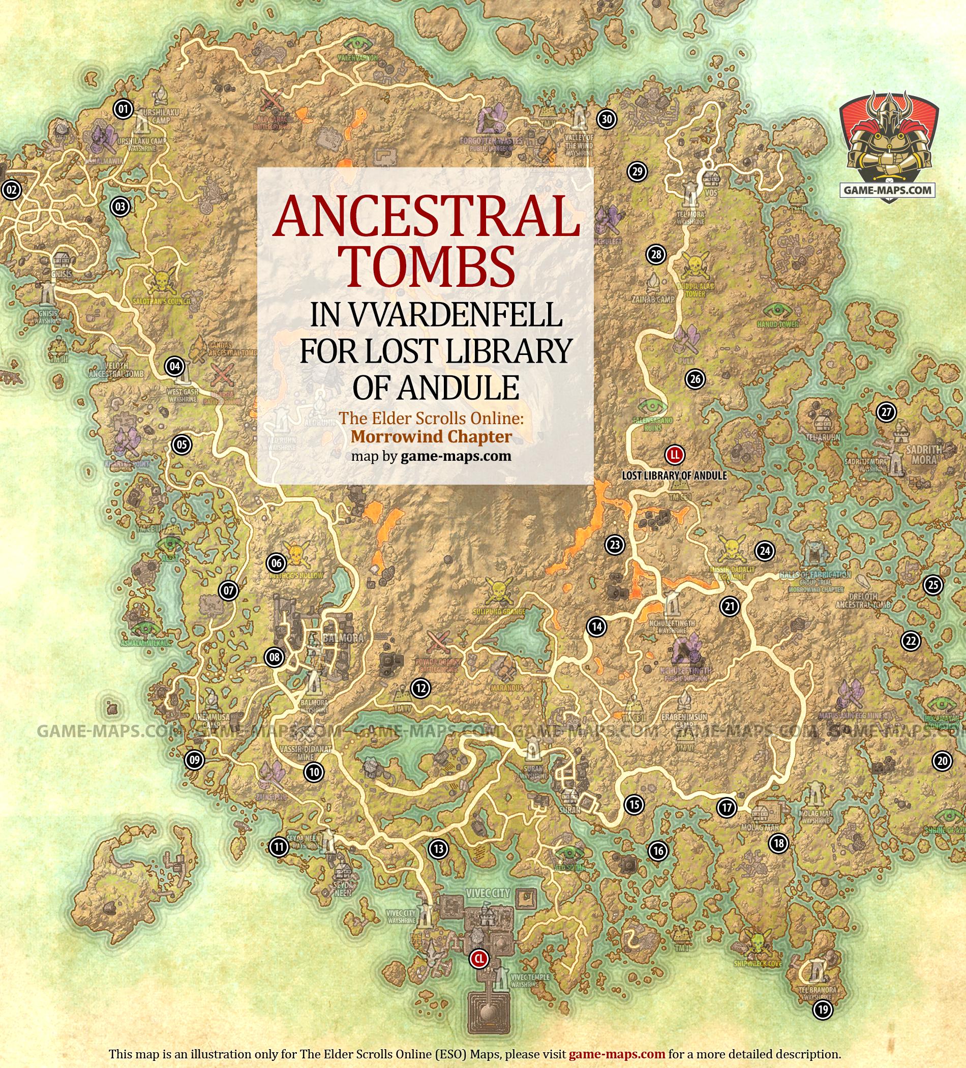 Ancestral Tombs Location Map for Lost Library of Andule - The Elder Scrolls Online: Morrowind