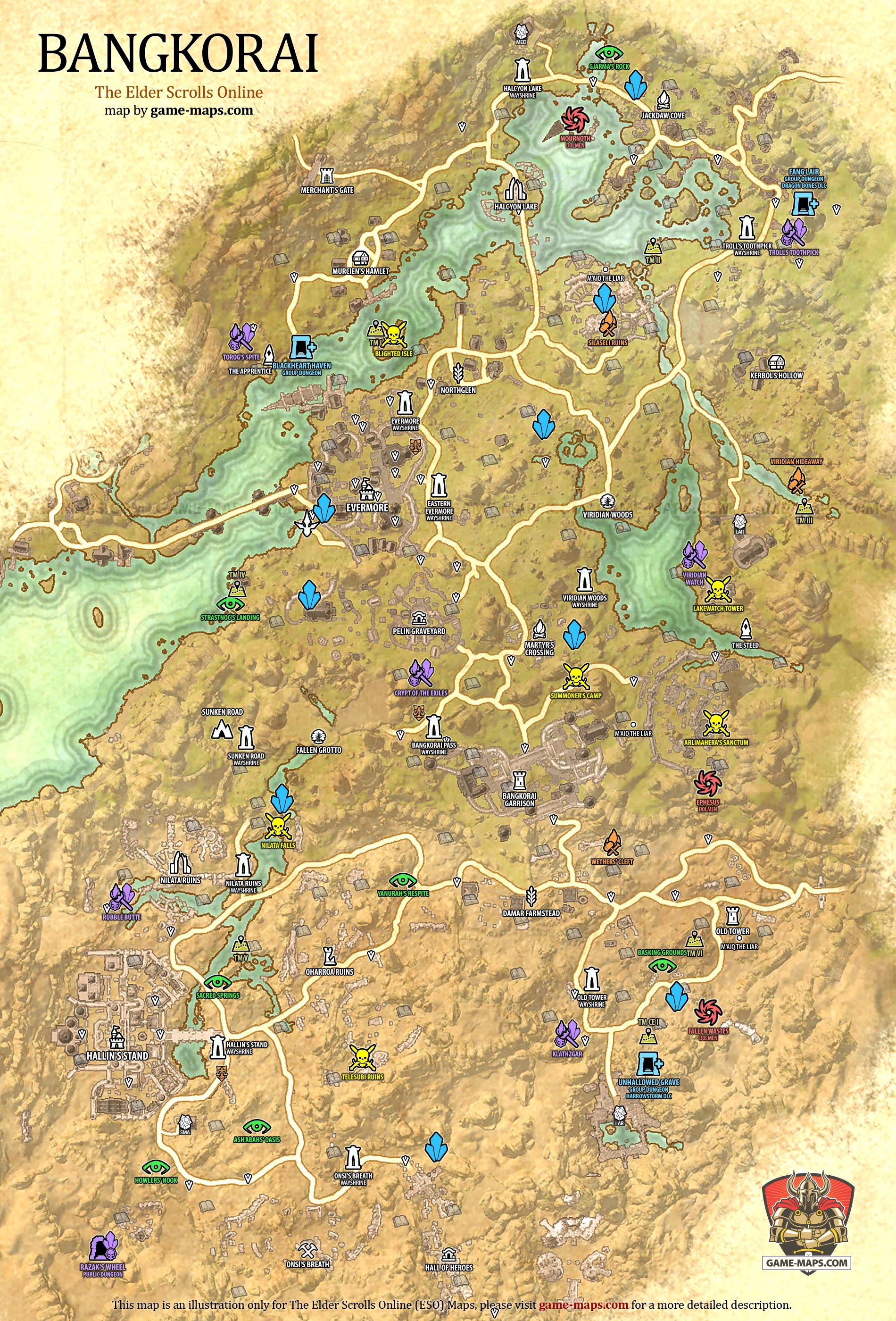 Bangkorai Map for The Elder Scrolls Online, Base Alliance Zone (ESO).