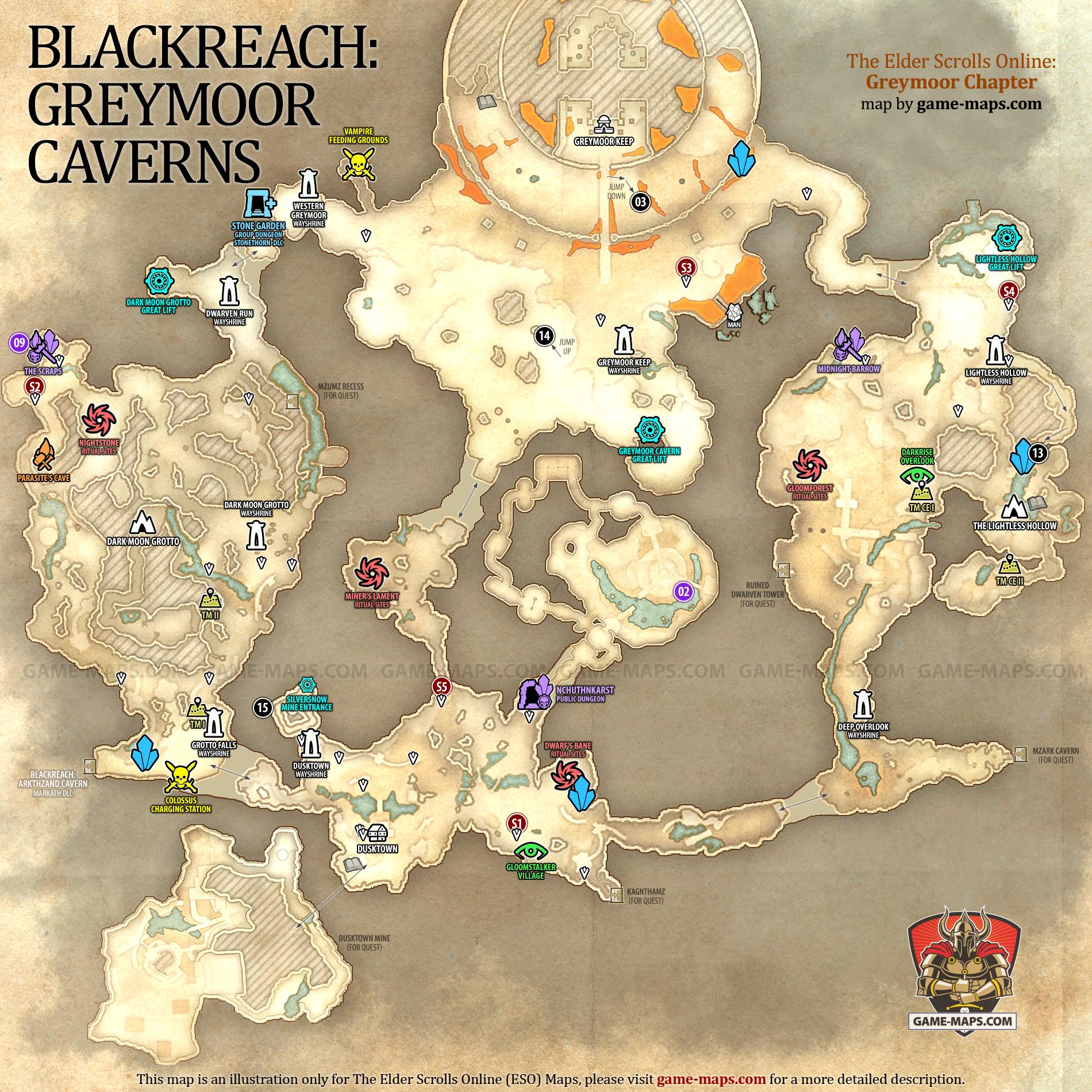 Blackreach: Greymoor Caverns Map for The Elder Scrolls Online: Greymoor Chapter, Dark Heart of Skyrim 2020 Adventure (ESO).