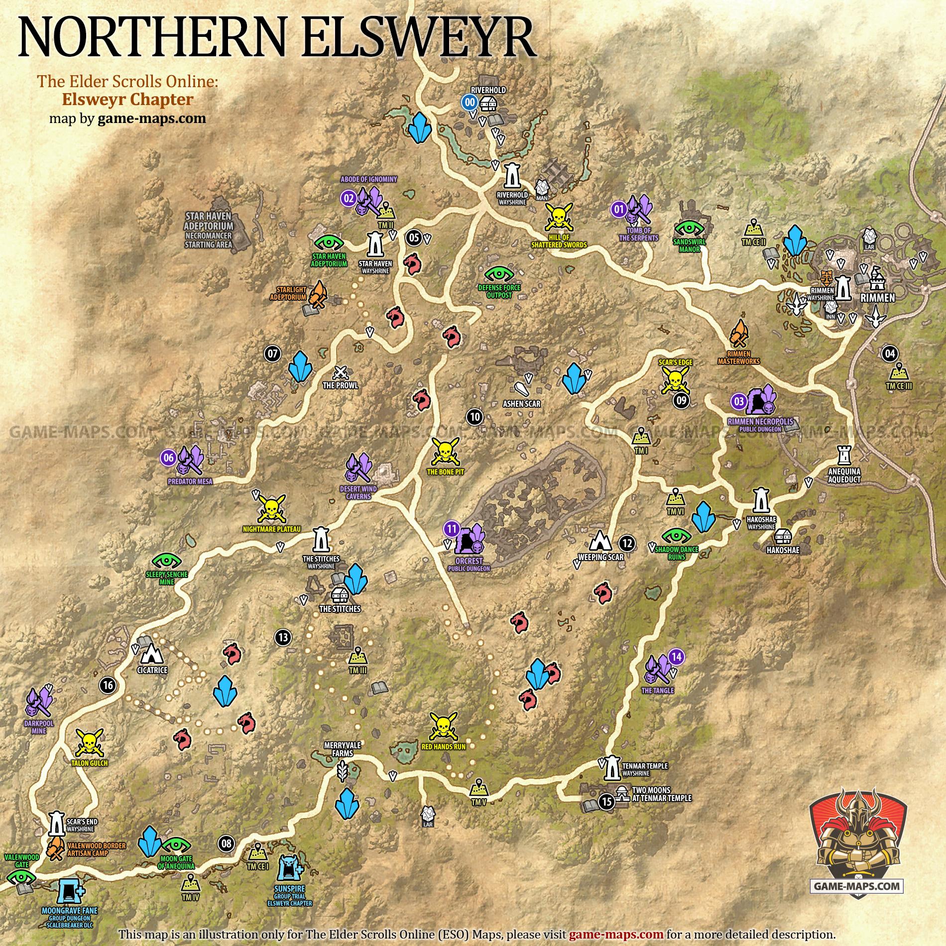 Northern Elsweyr Map for The Elder Scrolls Online: Elsweyr Chapter, The Season of the Dragon 2019 Adventure (ESO).