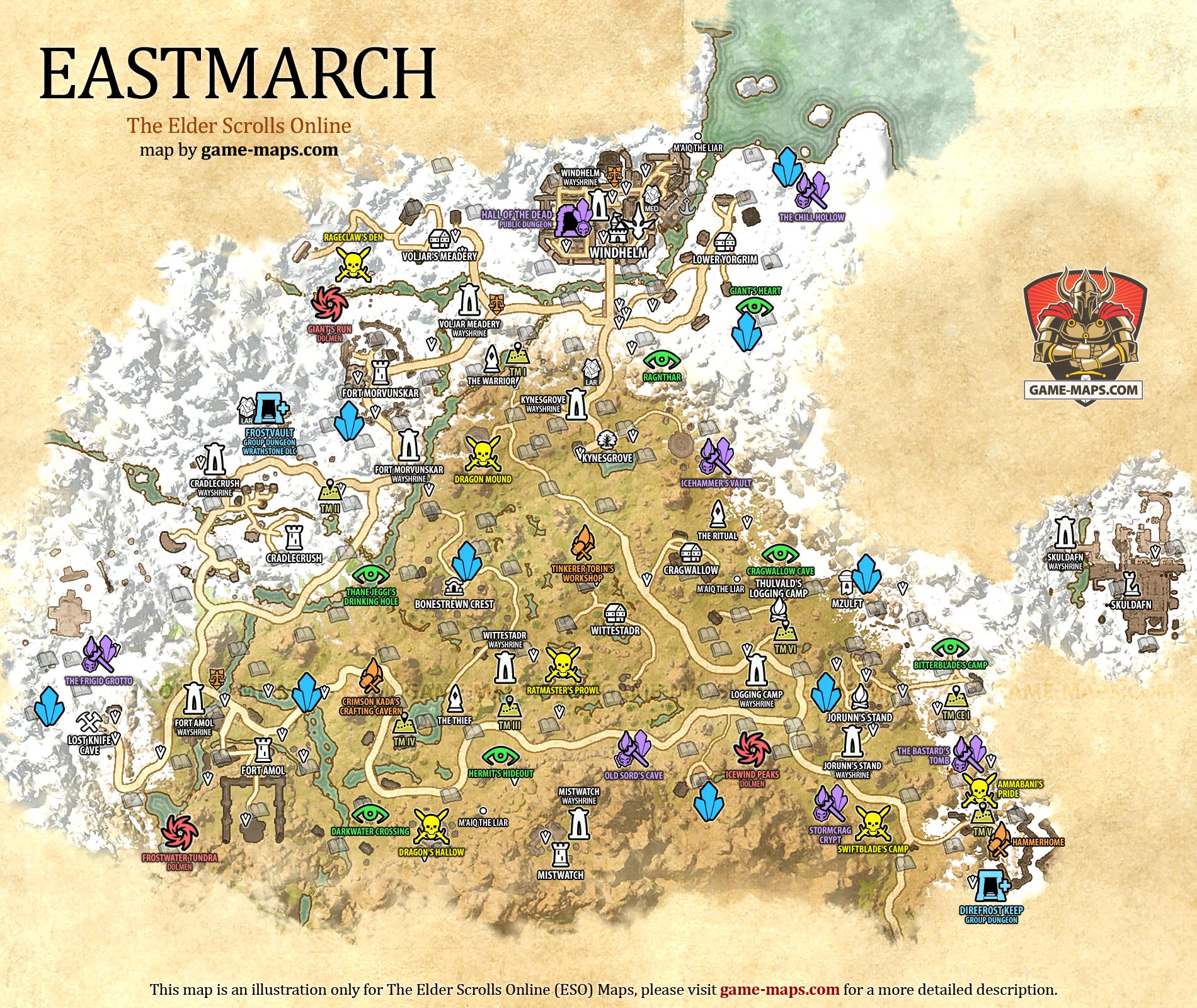 Eastmarch Map for The Elder Scrolls Online, Base Alliance Zone (ESO).