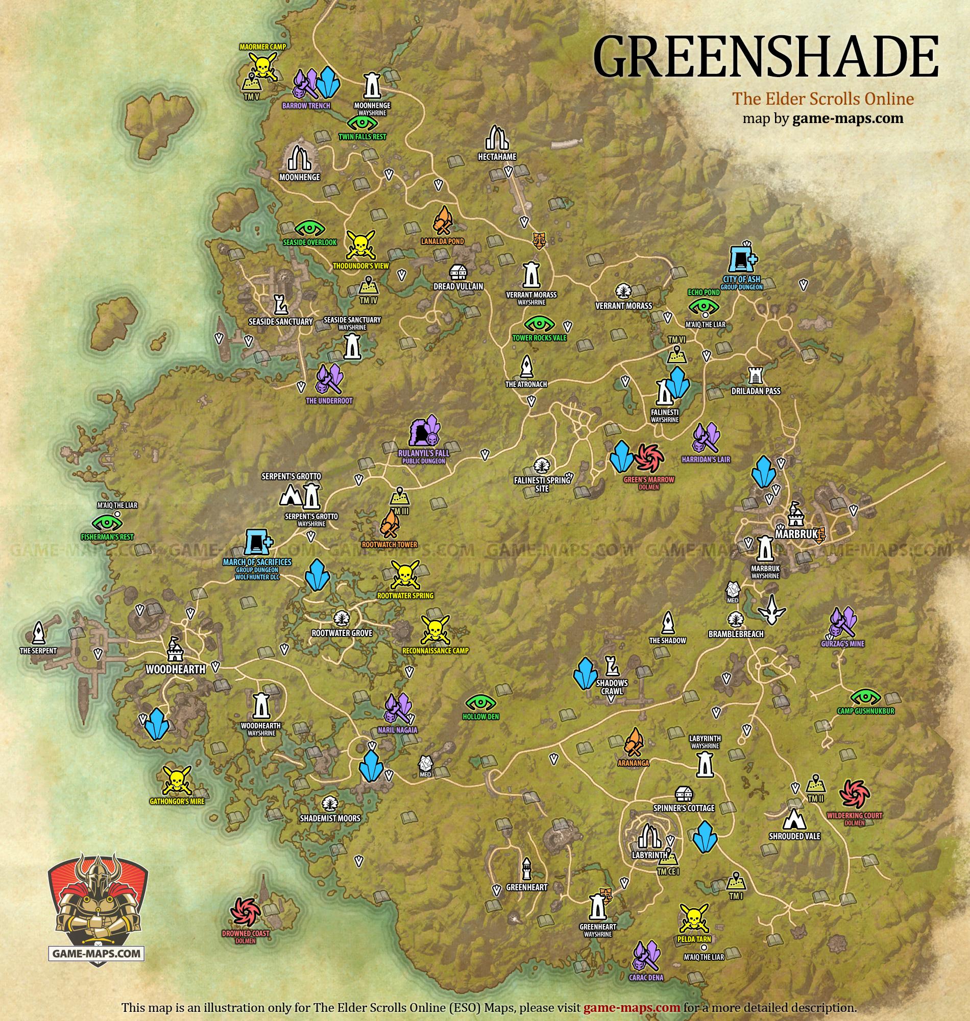 Greenshade Map for The Elder Scrolls Online, Base Alliance Zone (ESO).