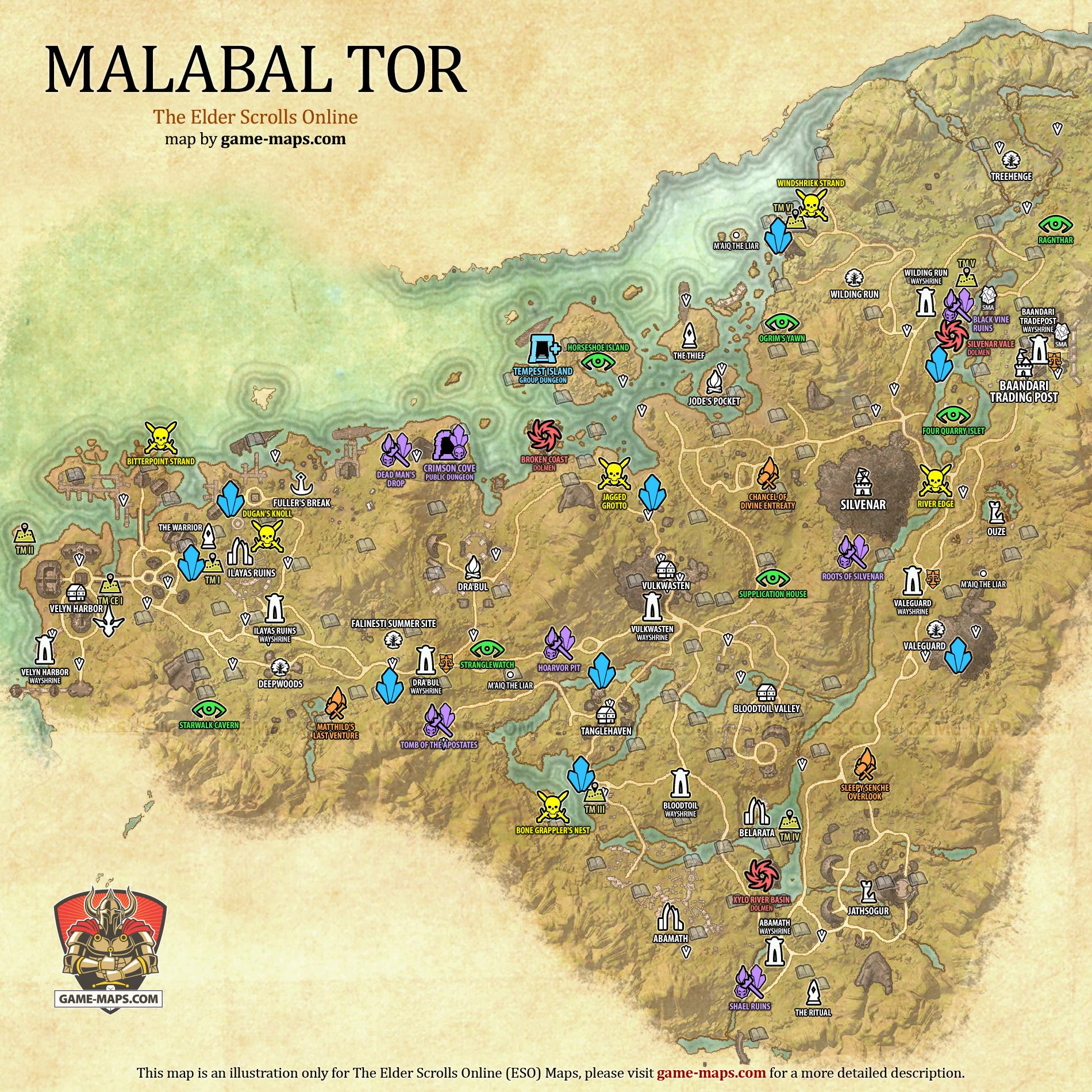 Malabal Tor Map for The Elder Scrolls Online, Base Alliance Zone (ESO).