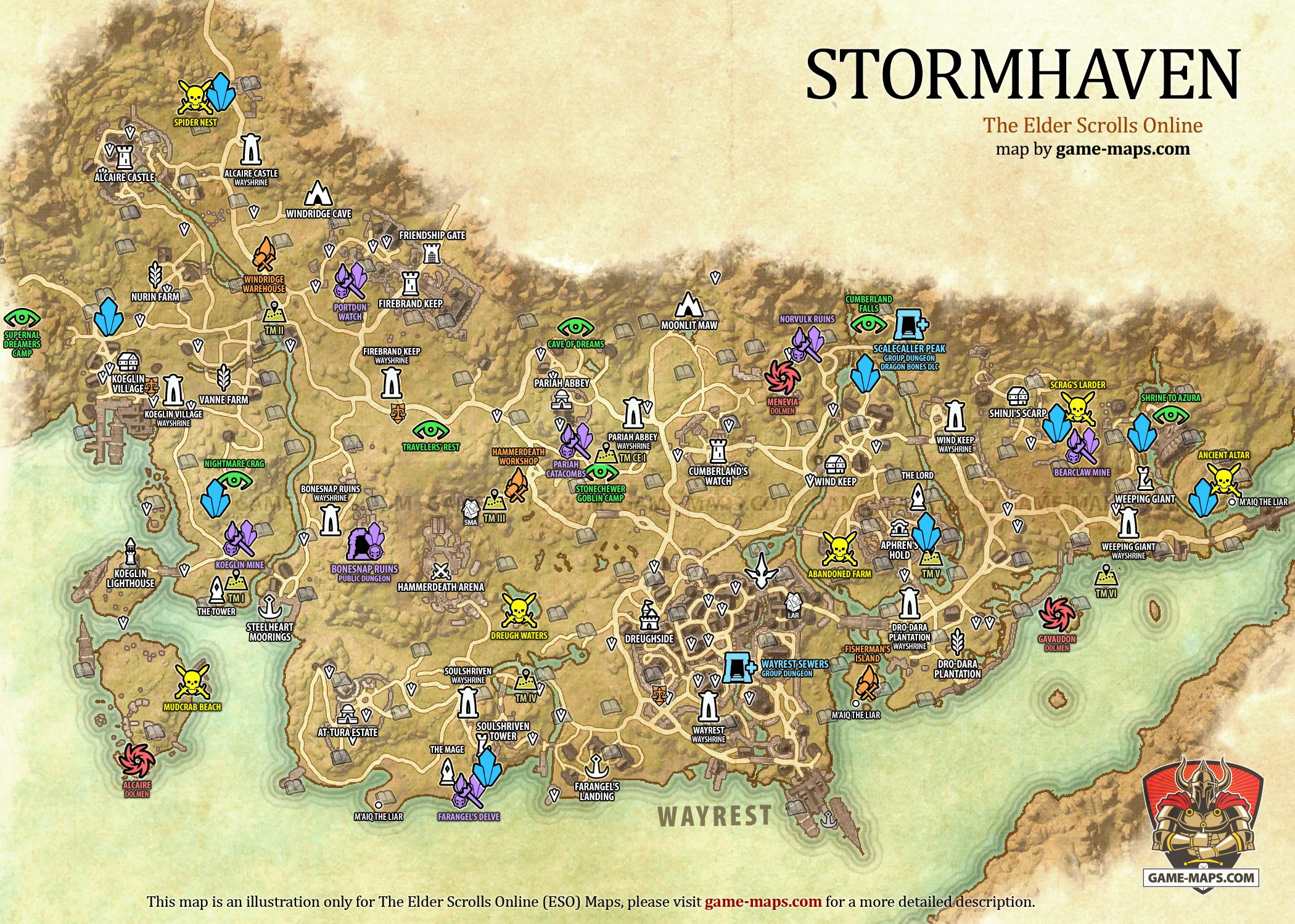 Stormhaven Map for The Elder Scrolls Online, Base Alliance Zone (ESO).