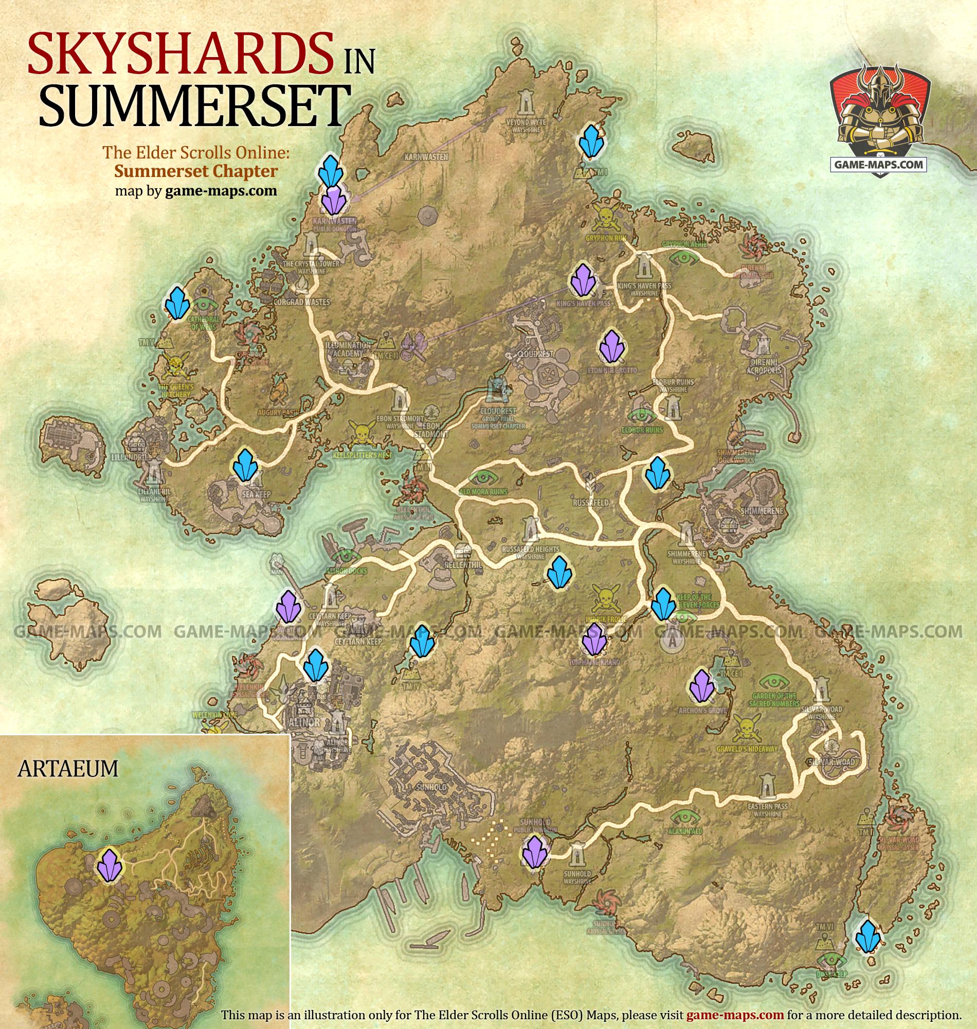 Summerset & Artaeum Skyshards Map Elder Scrolls Online ESO