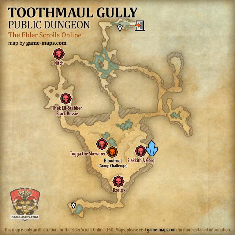 Map of Toothmaul Gully Public Dungeon located in Auridon ESO with Skyshard and Bosses.
