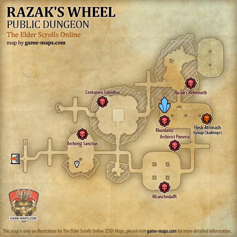 Map of Razak's Wheel Public Dungeon located in Bangkorai ESO with Skyshard and Bosses.