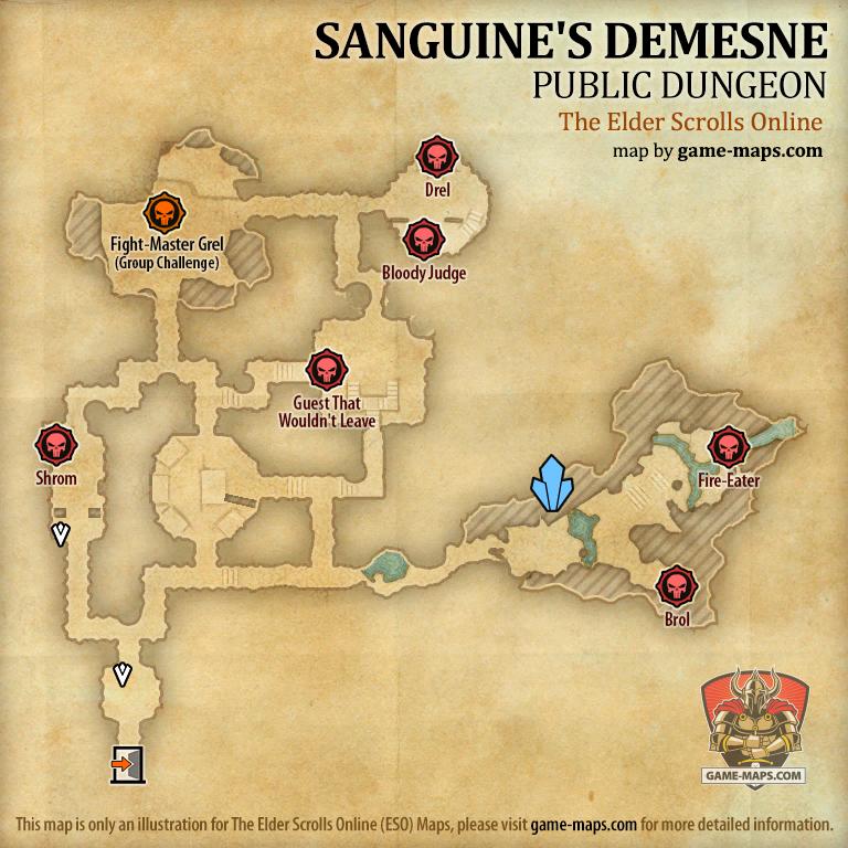 Map of Sanguine's Demesne Public Dungeon located in Shadowfen ESO with Skyshard and Bosses.