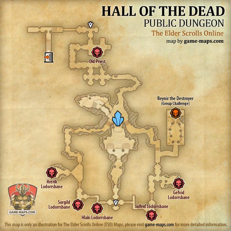 Map of Hall of the Dead Public Dungeon located in Eastmarch ESO with Skyshard and Bosses.