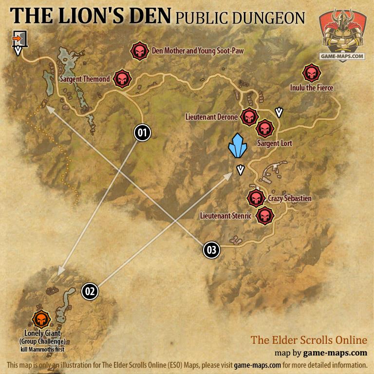 Map of The Lion's Den Public Dungeon located in The Rift ESO with Skyshard and Bosses.