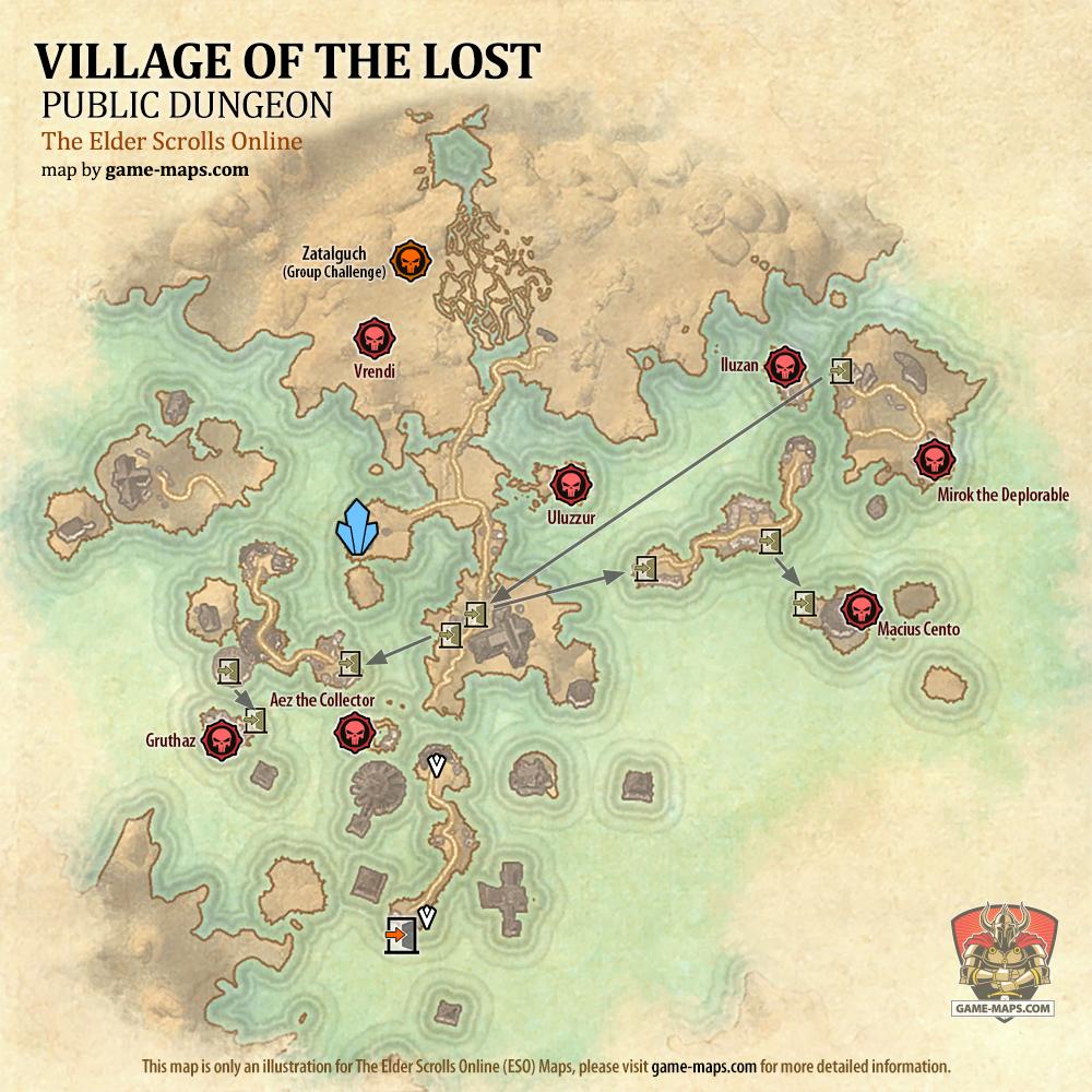 Map of Village of the Lost Public Dungeon located in Coldharbour ESO with Skyshard and Bosses.