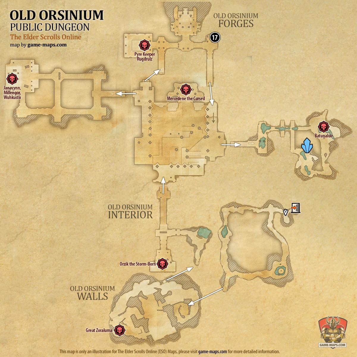 Map of Old Orsinium Public Dungeon located in Wrothgar ESO with Skyshard and Bosses.