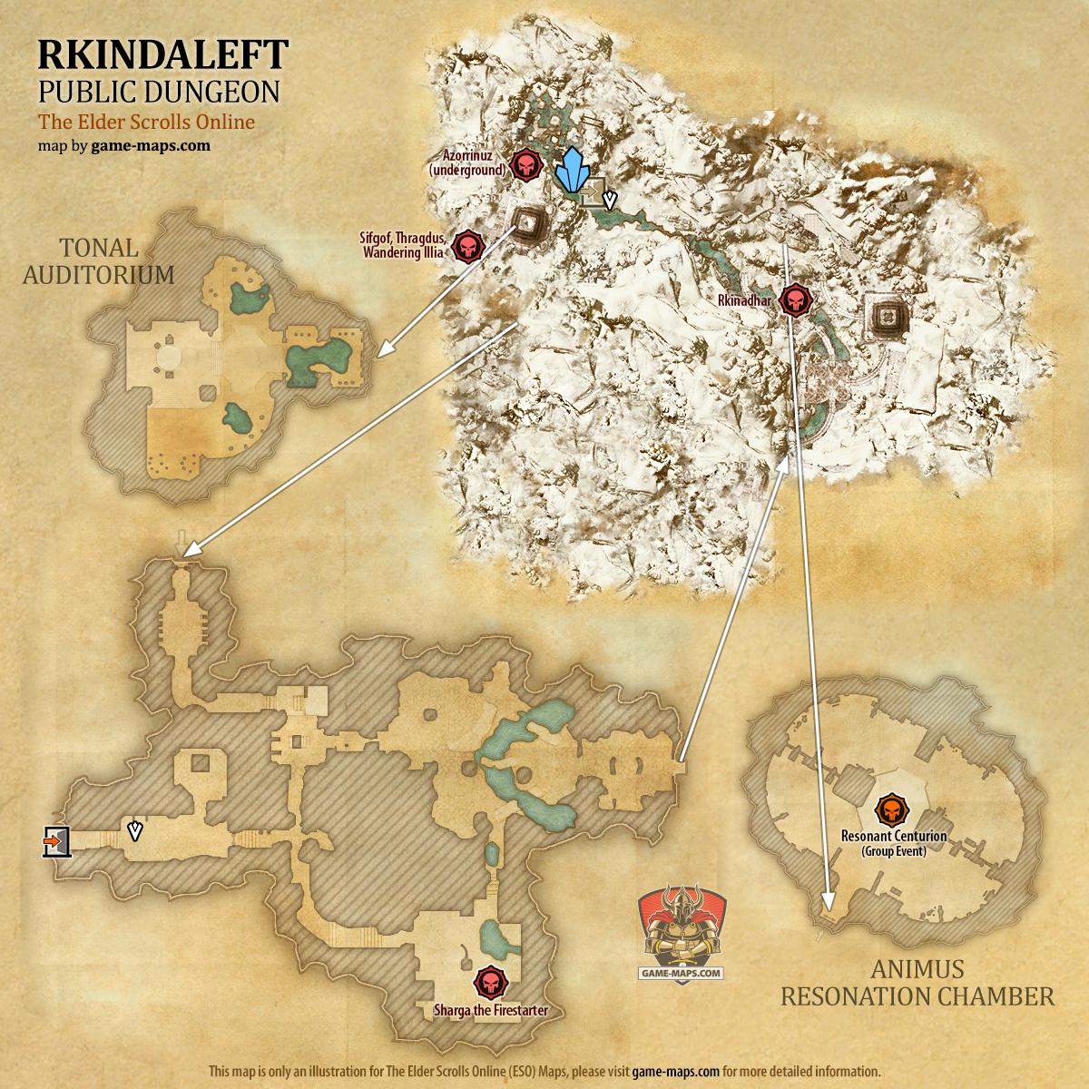 Map of Rkindaleft Public Dungeon located in Wrothgar ESO with Skyshard and Bosses.