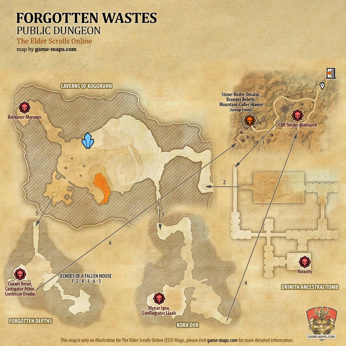 Map of Forgotten Wastes Public Dungeon located in Vvardenfell ESO with Skyshard and Bosses.