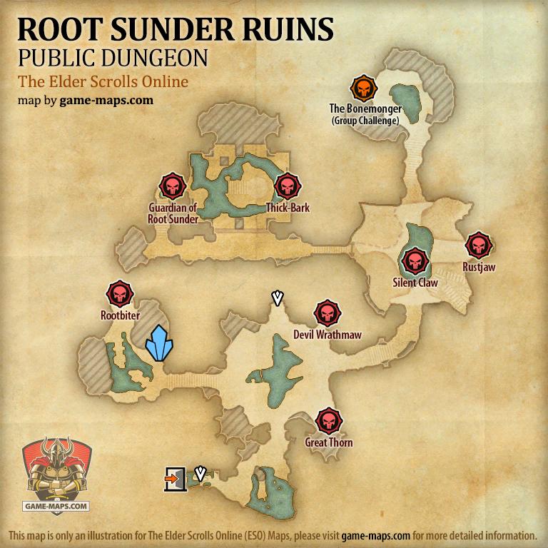 Map of Root Sunder Ruins Public Dungeon located in Grahtwood ESO with Skyshard and Bosses.