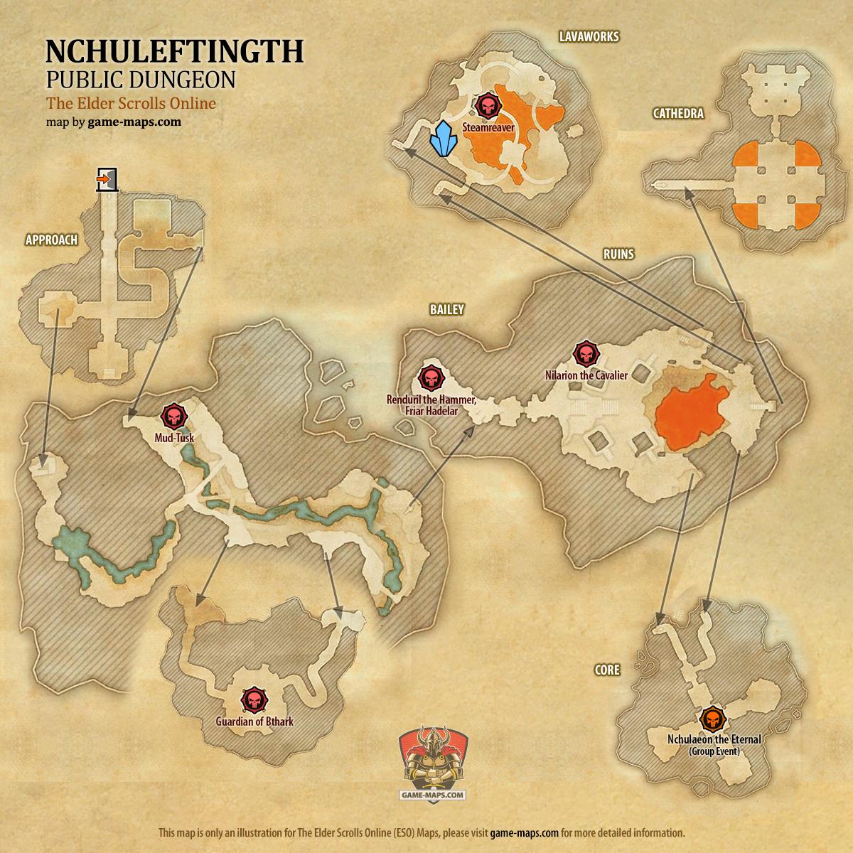 Map of Nchuleftingth Public Dungeon located in Vvardenfell ESO with Skyshard and Bosses.