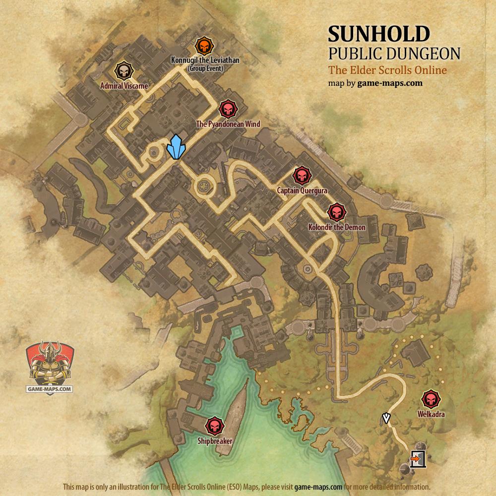 Map of Sunhold Public Dungeon located in Summerset ESO with Skyshard and Bosses.